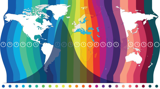 Time zone chart visualizes global daylight segments using colorful vertical waves overlaid on a world map with clock symbols.