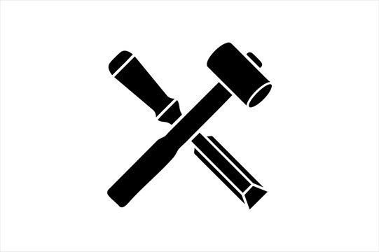 Crossed wooden sculpting mallet and chisel tools for woodworking and clay carving with woodworking, sculpture