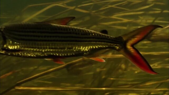 Extreme Close Up of Dangerous Tigerfish Face Pumping Gills in River Current
