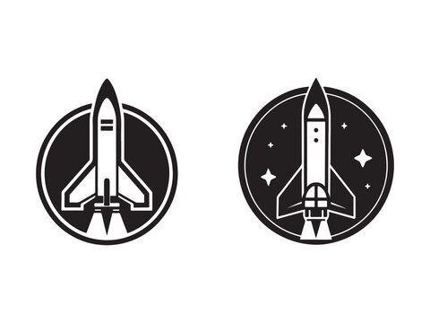 Rocket ship icons with starry night sky and space exploration symbols  space travel and astronomy logos