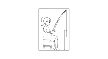 Fototapeta premium Girl fishing with rod sitting on stool, line in water, line art illustration