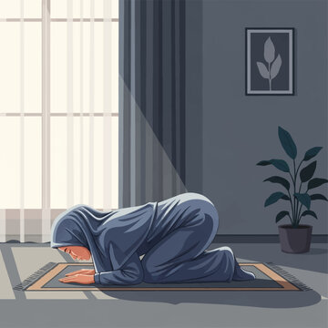 Muslim woman in blue prayer garment performing sujud prostration on a traditional rug in a minimalist room with soft sunlight from a window, potted plant and framed wall art.