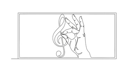 Obraz premium Hand holding a treble clef, continuous line drawing, music symbol, art concept