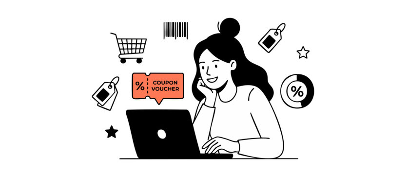 Woman shopping online discount coupon using computer laptop for promotional sales deals line art vector illustration of female shopper saving money with promo codes and e-commerce shopping cart