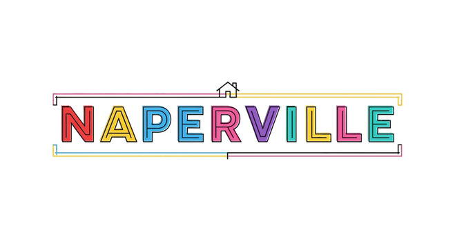 Colorful Naperville text logo with a house icon, graphic design, typography, city name