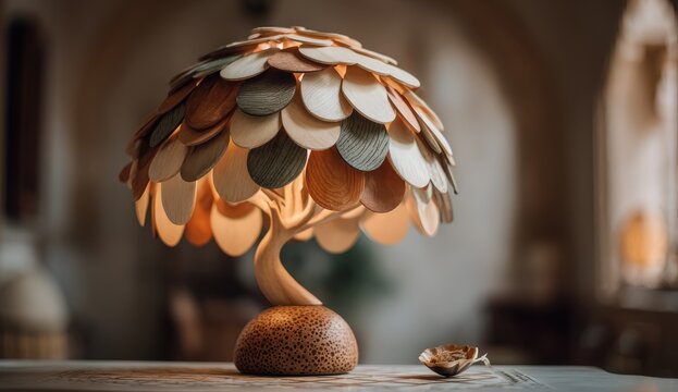 Decorative lamp with a unique tree-shaped base and a canopy made of layered wooden leaves, illuminated softly, placed on a table in a cozy interior setting