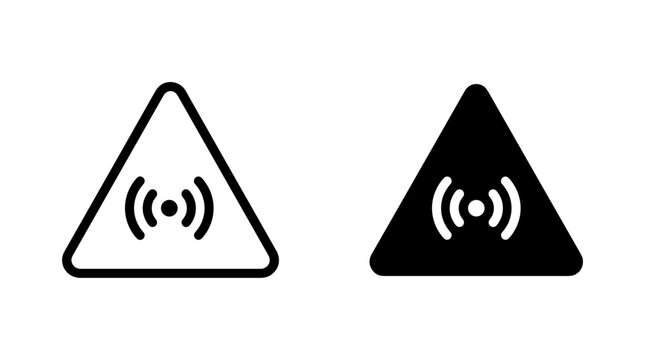 Two triangle warning signs displaying a wireless signal icon, one in outline and one in solid black.