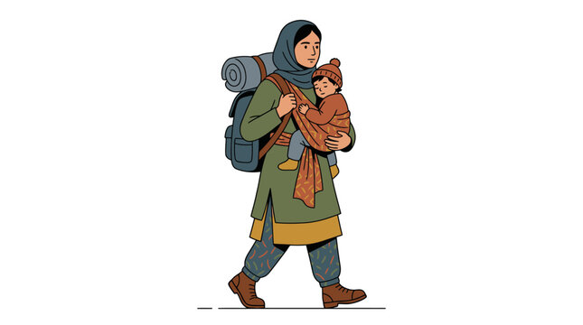 Afghan Mother with Baby and Backpack, Walking