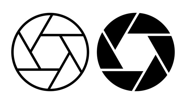 Two graphic icons representing a camera aperture, one in outline and one filled black.