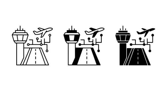 Airport Control Tower Icons, Air Traffic Control Vector Graphics, Aviation Navigation Symbols for Transportation and Technology