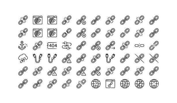 Broken link icons in trendy linear style with disconnected chain and hyperlink symbols vector set