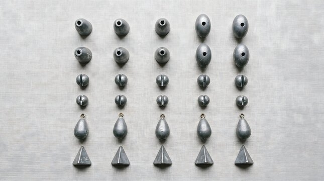 Fishing Sinker Collection Arranged on Clean Background for Angling Tackle Concept