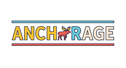 Obraz premium Anchorage Text Logo with Moose Illustration, Alaska City Name Graphic