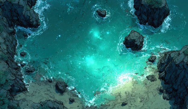 Aerial view of a serene coastal scene featuring turquoise water, rocky formations, and gentle waves lapping against the shore under bright sunlight