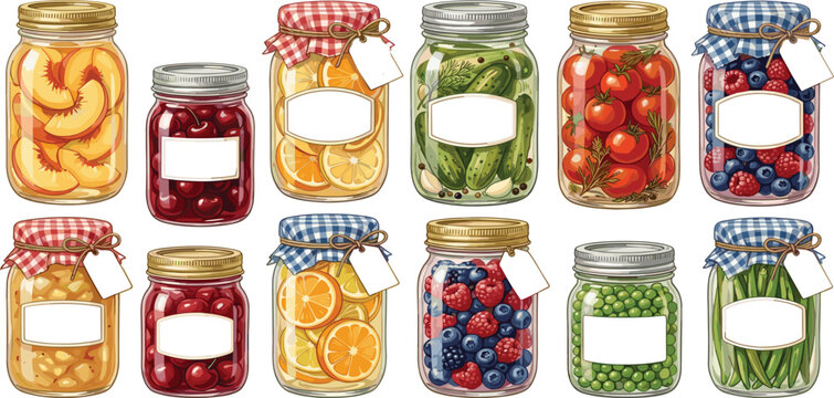 Homemade Pickled Vegetables and Preserved Fruits Glass Jars Vector Set with Blank Labels Mockups Featuring Peach Cherry Orange Cucumber Tomato Berry Peas Green Beans