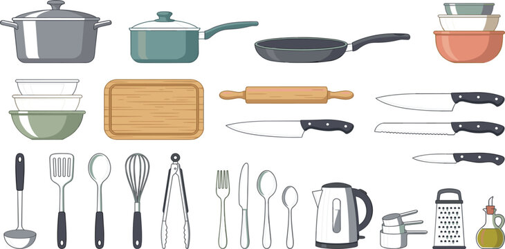 Kitchen Cookware and Cooking Utensils Vector Set Featuring Stainless Steel Pots Frying Pans Ceramic Bowls Knives Cutlery Electric Kettle and Wooden Rolling Pin