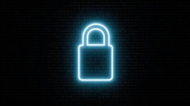 Glowing blue neon padlock icon against a digital binary code background