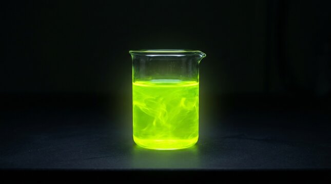 Glowing Neon Green Fluorescein Solution in Plain Glass Beaker - Fluorescent Chemical Effect Keywords