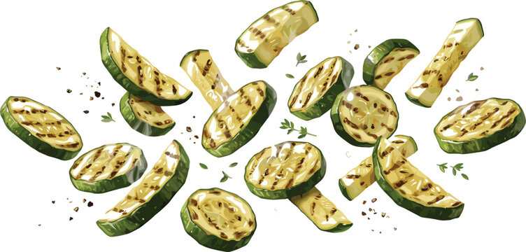 Levitating Grilled Zucchini Slices Vector Illustration with Charred Barbecue Marks Scattered Black Pepper and Fresh Thyme Leaves on Isolated White Background Food Design