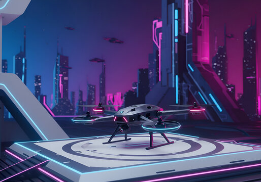 Futuristic drone parked on a neon-lit platform in a vibrant, digitally rendered cityscape. Drone rests stationary on a landing pad in a futuristic city setting.