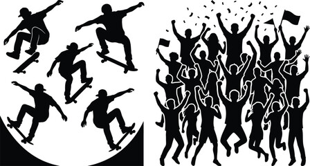 Skateboarder action silhouettes and cheering crowd celebration collection isolated on white background for sports and events © maysha