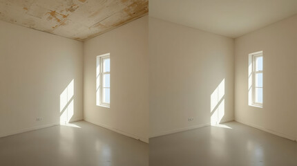 Fototapeta premium comparison of two empty rooms, each with a minimalist style and neutral color palette. Both rooms have light beige walls and ceilings, with the left room showing some discoloration and patchwork