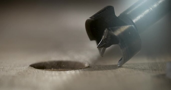 Super Slow Motion Precision Drill Bit Piercing Hardwood, Carpentry Focus