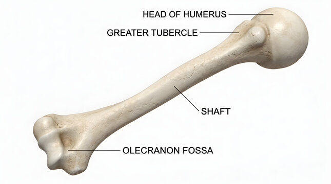 Anatomical illustration of the human humerus bone, detailing its parts like the head of the humerus, greater tubercle, shaft, and olecranon fossa
