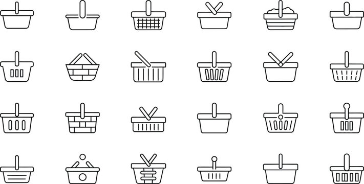 Line of various shopping baskets and hampers line black and white outline cartoons baskets with handles