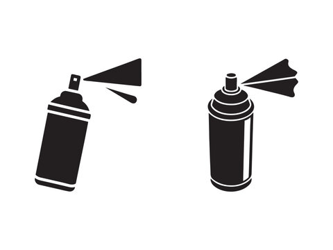 Two black and white spray paint cans with spray nozzle and cone shaped spray coming out isolated on white background