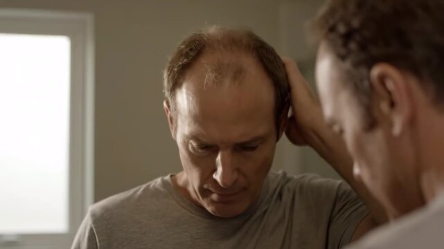 鏡を見て薄毛を気にする男性（薄毛・抜け毛・ヘアケア）