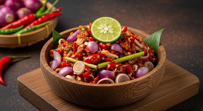 Spicy indonesian sambal matah in a wooden bowl