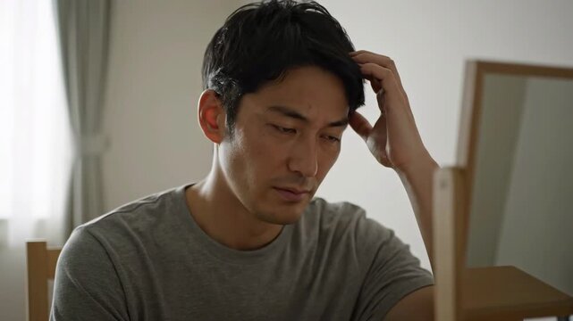 鏡を見て薄毛を気にする男性（薄毛・抜け毛・ヘアケア）