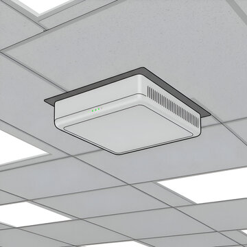 Ceiling-mounted gray square device with embedded lights in a commercial office setting. The device is positioned in the center of the image.
