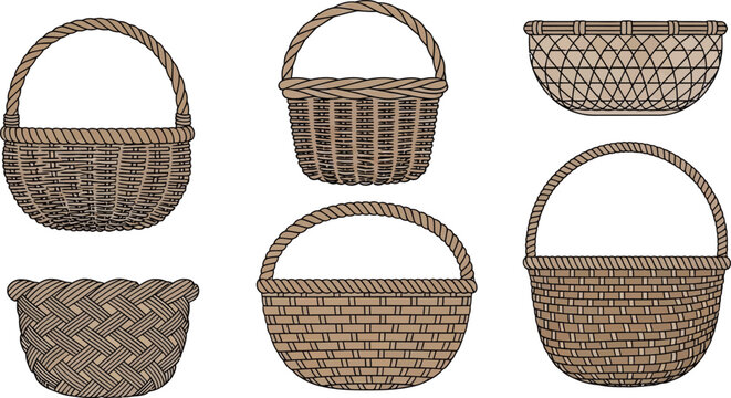 Six woven baskets with various handles and weave patterns wicker baskets