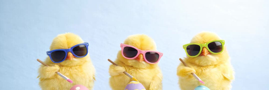 Three yellow chicks wearing colorful sunglasses on blue background, website banner in wide format with copy space, playful spring vibe, cute easter theme, Easter.