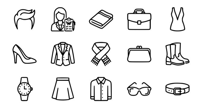 Thin line fashion icon set with wellness coach office briefcase and neckline dress outline vectors
