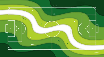 Abstract soccer field graphic with flowing green waves and white central path, vector illustration © Timothee