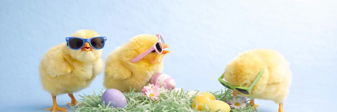 Three yellow chicks with sunglasses among easter eggs and grass, website banner in wide format with copy space, playful spring atmosphere, cute holiday concept, Easter.