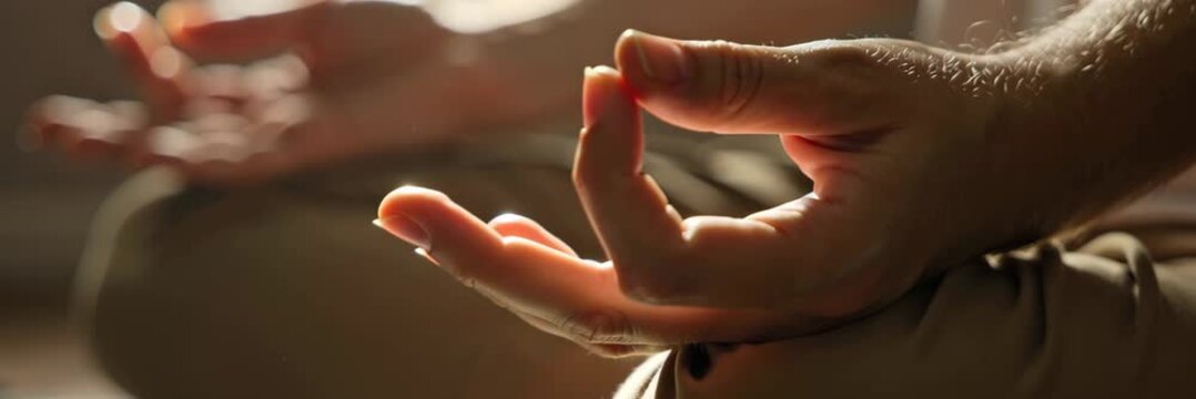 Close up of woman hand in meditation pose indoors, website banner in wide format with copy space, calm mindfulness practice, inner peace, wellness lifestyle.