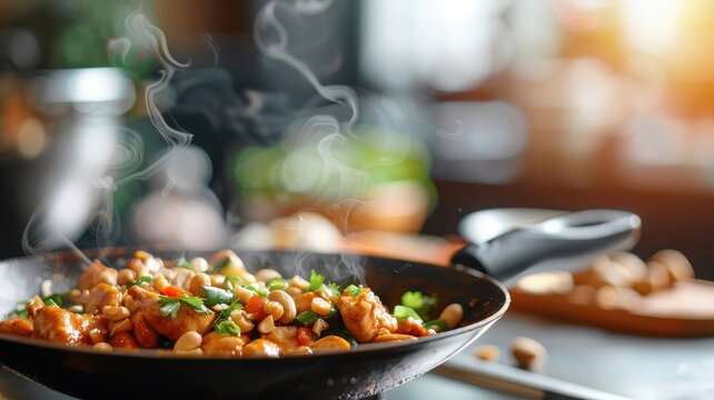 A sizzling wok with Kung Pao chicken, peanuts, and vegetables.