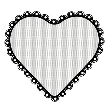 Lace doily in the shape of a heart vector illustration for cards and wedding design. Festive invitation backdrop template with mesh and embroidered border. Charming whimsical retro-style needlework