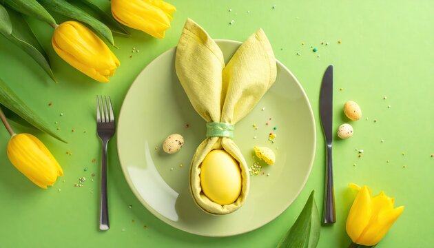 Easter Table Setting with Tulips and Egg.