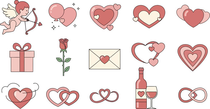 Valentine's day hearts, cupid, gifts, wine, and love symbols in pink and red hues