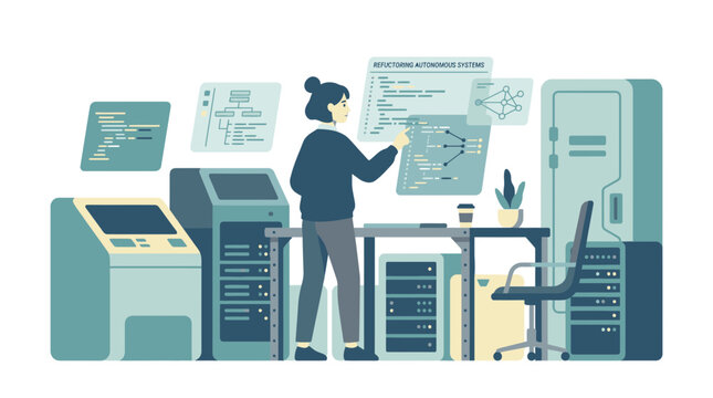 Female software engineer working on server infrastructure and coding in a modern data center.