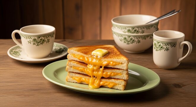 Stack of grilled cheese sandwiches with melting cheese on a green plate