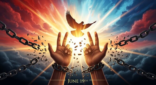 Juneteenth celebration hands breaking chains with dove flying in sky