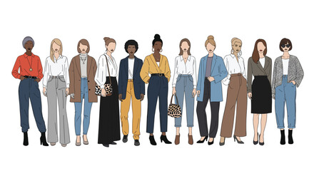 Obraz premium Large group of diverse women wearing various stylish casual and office outfits including trousers skirts and blazers for fashion.