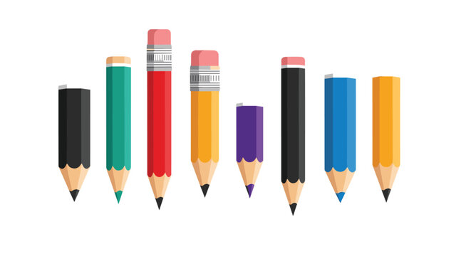 Large assortment of colorful wooden pencils with erasers arranged in a row symbolizing creativity, education and art supplies.