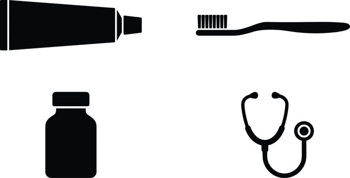 Health hygiene vector icons set with toothpaste toothbrush medicine bottle stethoscope silhouette illustration representing wellness medical care design
